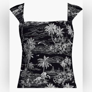 Land's End Plus Size Square Neck Back underwire tankini Black tropical scene Var